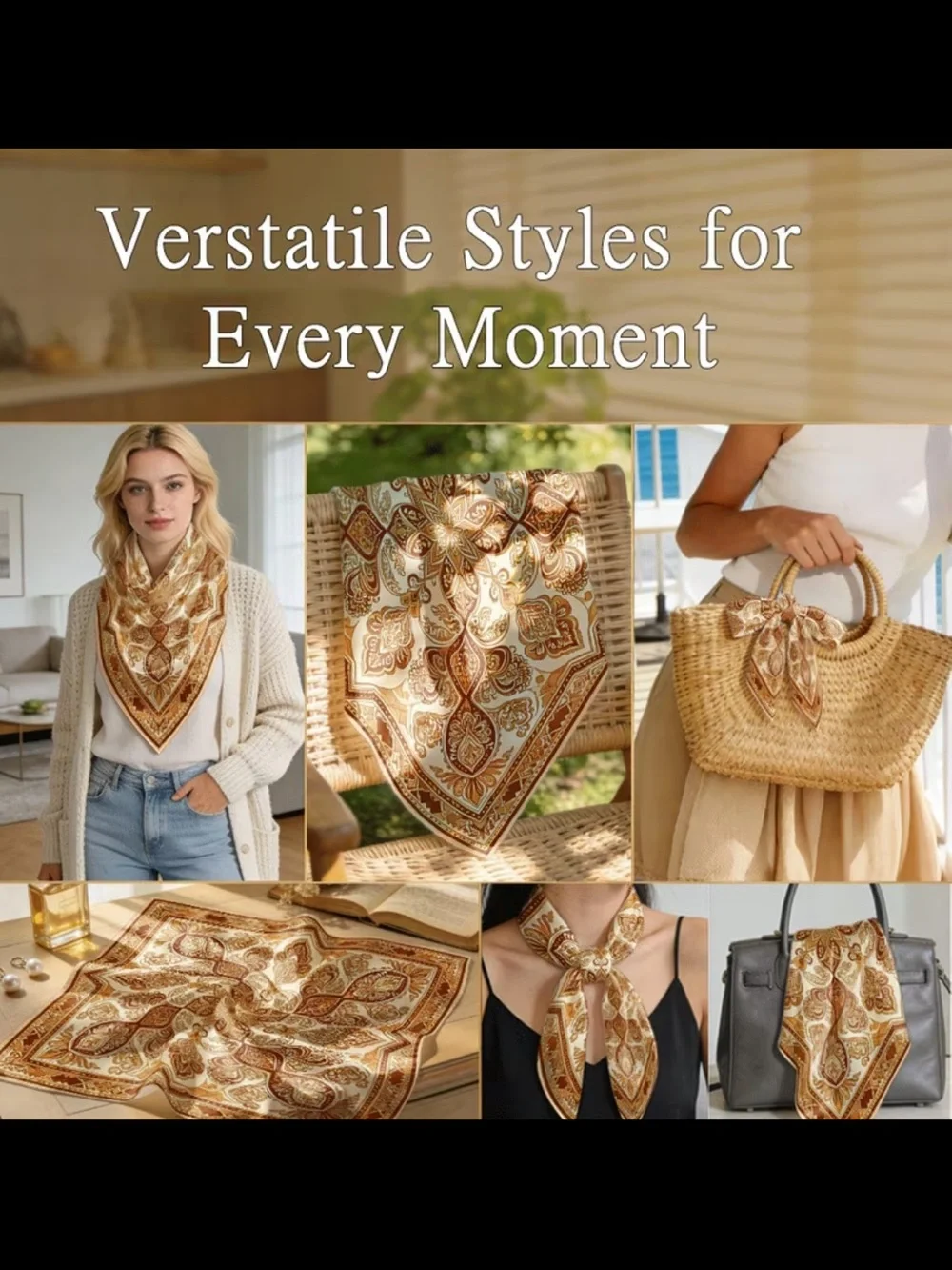 Gold Tone  Paisley Scarf in Cream and Brown - Silky Soft